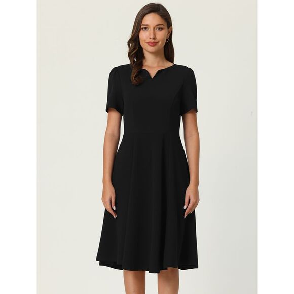 Women's Office Dresses with Pockets Split Neck Work A-Line Dress Black - Picture 2 of 6
